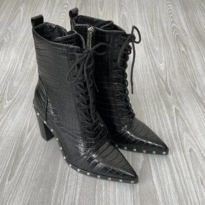 Charles David Duffy Faux Leather Lace Up Studded Croc Print Boots Black